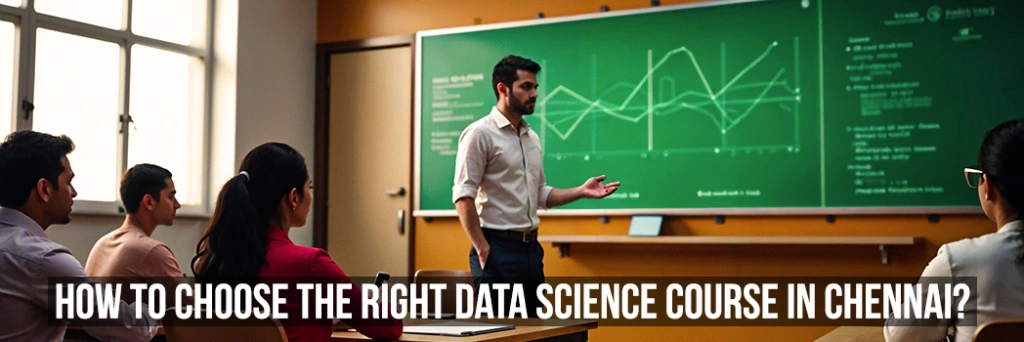 Students learning data science in a classroom, with graphical data on the board – with the highlighted text on the image 'How to choose the right data science course in Chennai?'